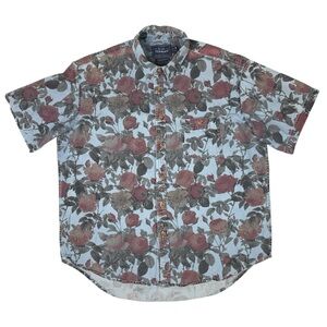 Topman Vintage Oversize Floral Denim Shirt Mens L Festival Short Sleeve Cotton